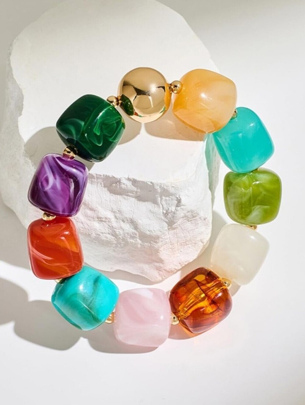 Multicolor Resin Bead Stretch Bracelet - Colorful Cube Beads